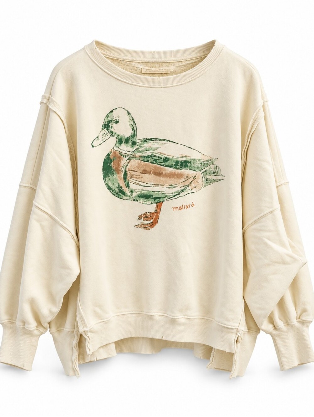 We The Free Graphic Camden Mallard Duck Cream Distressed Sweatshirt XS